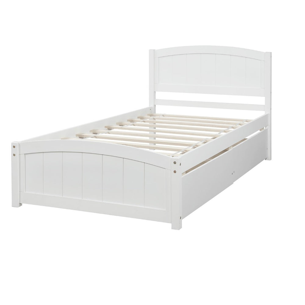 HomeRoots White Wood Twin Bed Frame with Under-Bed Drawers - Modern Design for Organized Sleep Spaces 606826