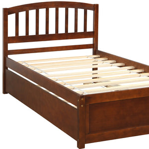 HomeRoots Walnut Twin Bed Frame with Trundle – Stylish Space-Saving Design for Kids' Rooms & Guest Spaces 606828