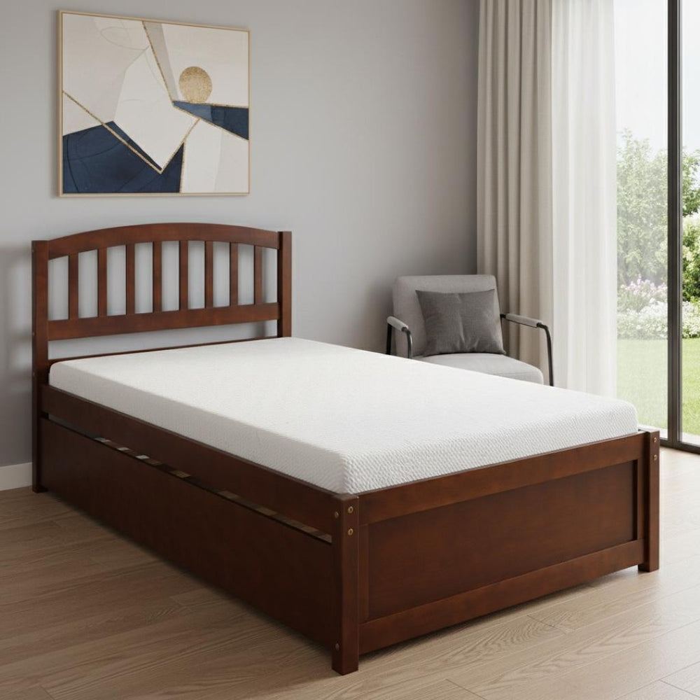 HomeRoots Walnut Twin Bed Frame with Trundle – Stylish Space-Saving Design for Kids' Rooms & Guest Spaces 606828