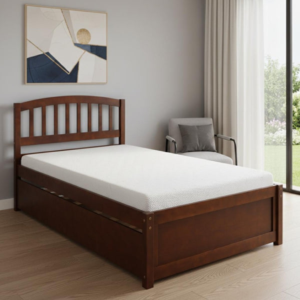 HomeRoots Walnut Twin Bed Frame with Trundle – Stylish Space-Saving Design for Kids' Rooms & Guest Spaces 606828