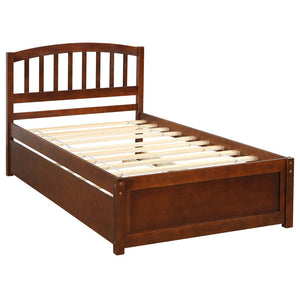 HomeRoots Walnut Twin Bed Frame with Trundle – Stylish Space-Saving Design for Kids' Rooms & Guest Spaces 606828