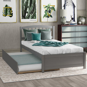 HomeRoots Gray Wood Twin Bed Frame with Space-Saving Trundle - Perfect for Kids’ Rooms & Guest Spaces! 606829