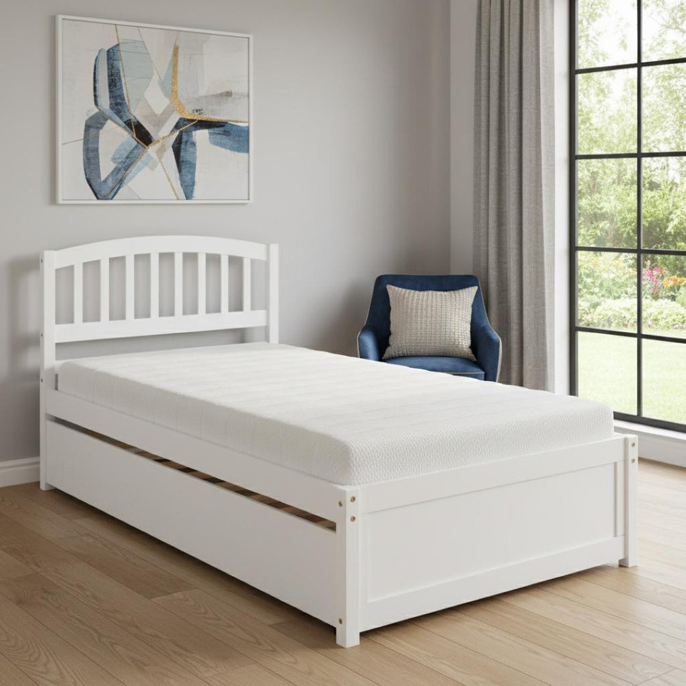 HomeRoots White Wood Twin Bed Frame with Space-Saving Trundle - Perfect for Kids, Guests, and Compact Rooms! 606830