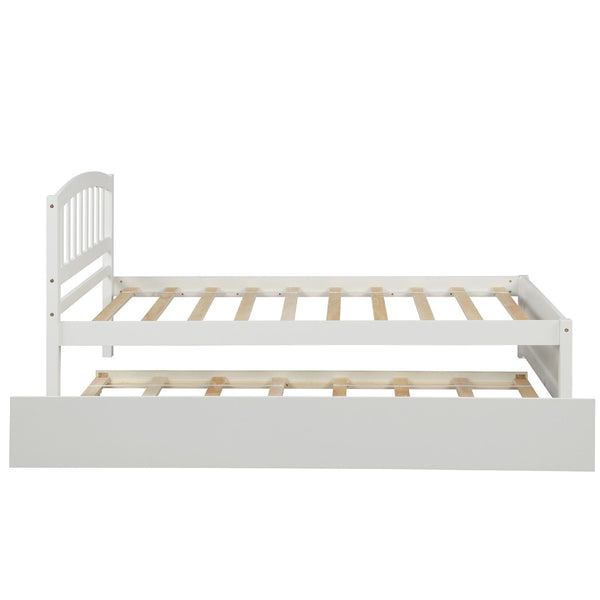 HomeRoots White Wood Twin Bed Frame with Space-Saving Trundle - Perfect for Kids, Guests, and Compact Rooms! 606830