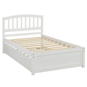 HomeRoots White Wood Twin Bed Frame with Space-Saving Trundle - Perfect for Kids, Guests, and Compact Rooms! 606830