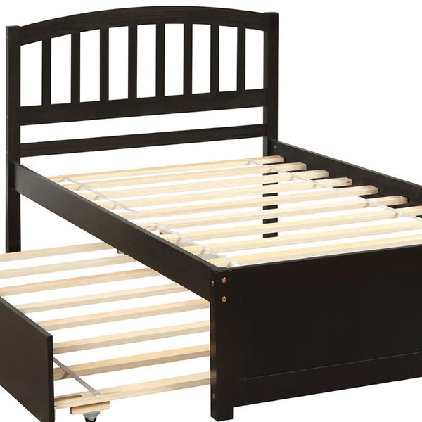 HomeRoots Espresso Wood Twin Bed Frame with Convenient Trundle - Space-Saving Design for Stylish Rooms 606831