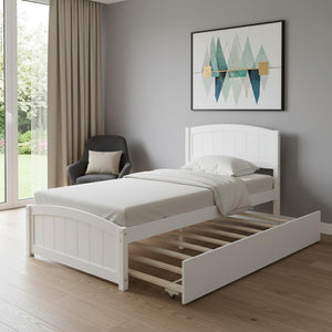 HomeRoots White Wood Twin Bed Frame with Space-Saving Trundle – Stylish, Durable, and Perfect for Guests! 606833