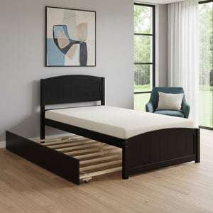 HomeRoots Espresso Wood Twin Bed Frame with Rolling Trundle – Space-Saving Design for Kids’ & Guest Rooms 606834