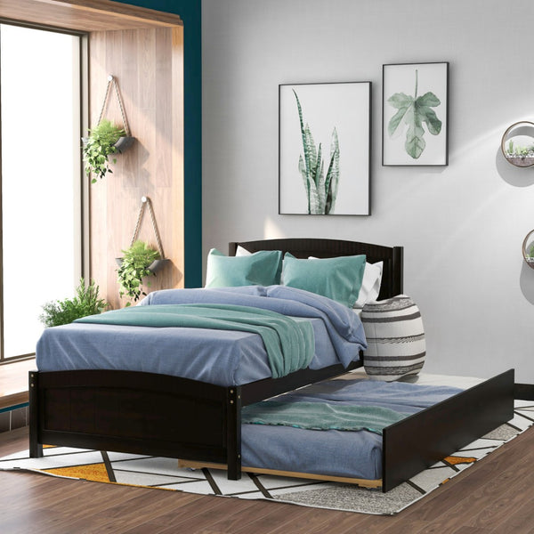 HomeRoots Espresso Wood Twin Bed Frame with Rolling Trundle – Space-Saving Design for Kids’ & Guest Rooms 606834