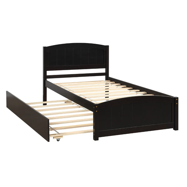 HomeRoots Espresso Wood Twin Bed Frame with Rolling Trundle – Space-Saving Design for Kids’ & Guest Rooms 606834