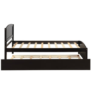 HomeRoots Espresso Wood Twin Bed Frame with Rolling Trundle – Space-Saving Design for Kids’ & Guest Rooms 606834