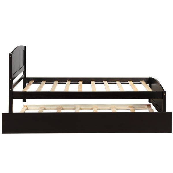 HomeRoots Espresso Wood Twin Bed Frame with Rolling Trundle – Space-Saving Design for Kids’ & Guest Rooms 606834