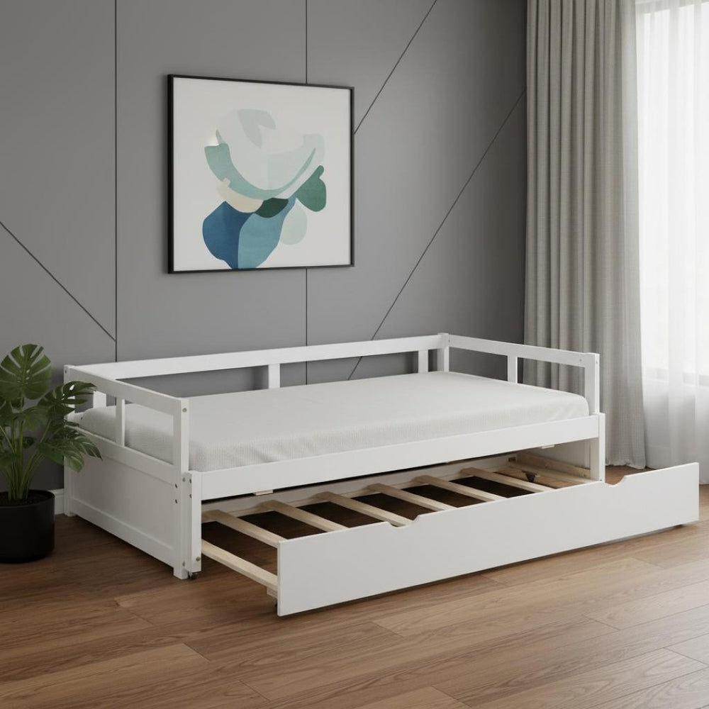 HomeRoots White Wood Twin Daybed Frame with Trundle - Elegant Space-Saving Solution for Stylish Bedrooms & More 606836