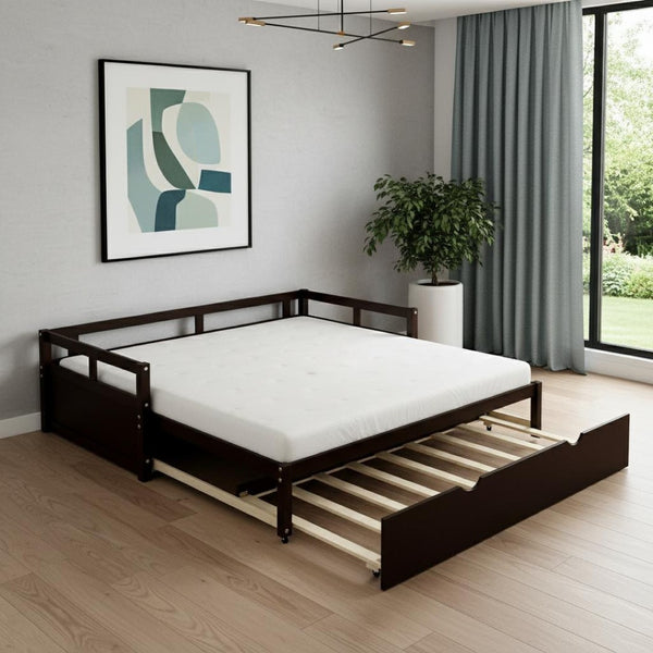 HomeRoots Espresso Twin Daybed Frame with Trundle - Stylish Solid Wood Design for Space-Saving Comfort & Support 606837