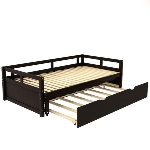HomeRoots Espresso Twin Daybed Frame with Trundle - Stylish Solid Wood Design for Space-Saving Comfort & Support 606837