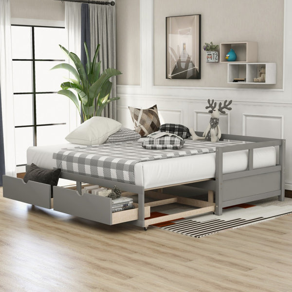 HomeRoots Gray Wood Twin Daybed Frame with Storage Drawers - Modern Space-Saving Solution for Any Room 606838