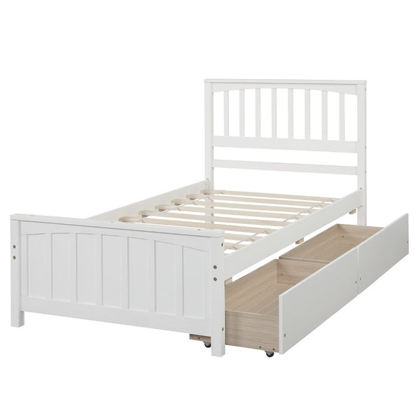 HomeRoots White Wood Twin Bed Frame with Space-Saving Drawers for Modern Bedrooms - Stylish and Sturdy Design 606842
