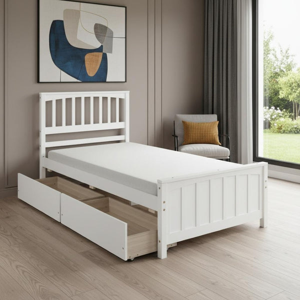 HomeRoots White Wood Twin Bed Frame with Space-Saving Drawers for Modern Bedrooms - Stylish and Sturdy Design 606842