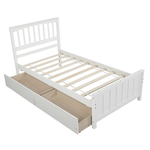 HomeRoots White Wood Twin Bed Frame with Space-Saving Drawers for Modern Bedrooms - Stylish and Sturdy Design 606842
