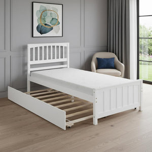 HomeRoots White Wood Twin Bed Frame with Roll-Out Trundle - Space-Saving Design for Kids, Guests, and More! 606844
