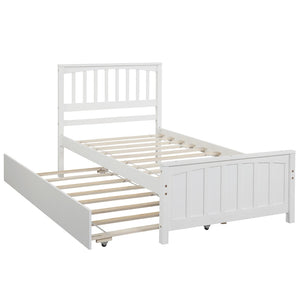 HomeRoots White Wood Twin Bed Frame with Roll-Out Trundle - Space-Saving Design for Kids, Guests, and More! 606844