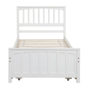 HomeRoots White Wood Twin Bed Frame with Roll-Out Trundle - Space-Saving Design for Kids, Guests, and More! 606844