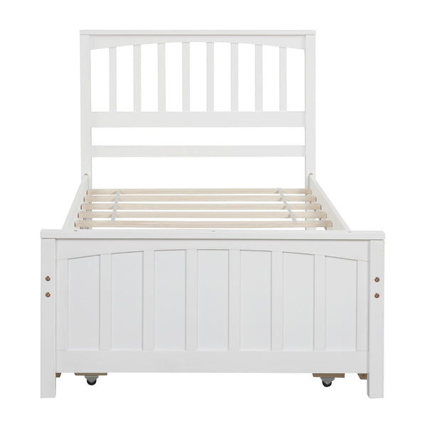 HomeRoots White Wood Twin Bed Frame with Roll-Out Trundle - Space-Saving Design for Kids, Guests, and More! 606844
