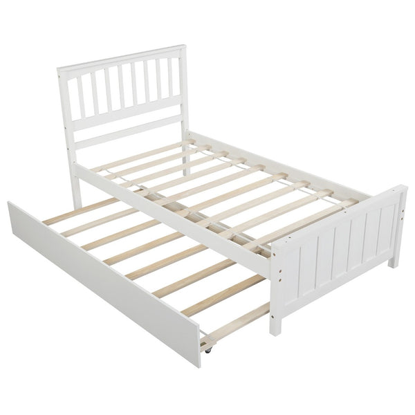HomeRoots White Wood Twin Bed Frame with Roll-Out Trundle - Space-Saving Design for Kids, Guests, and More! 606844