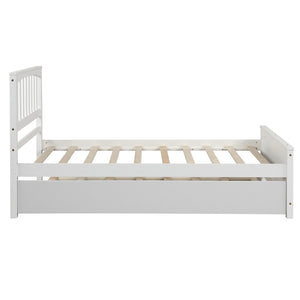 HomeRoots White Wood Twin Bed Frame with Roll-Out Trundle - Space-Saving Design for Kids, Guests, and More! 606844