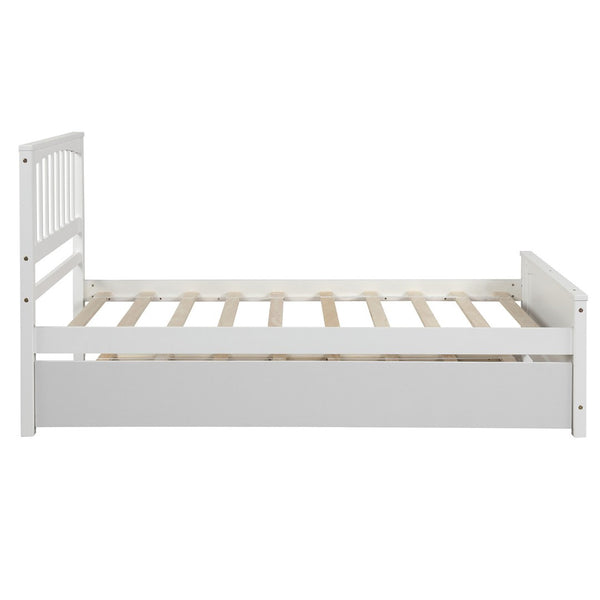 HomeRoots White Wood Twin Bed Frame with Roll-Out Trundle - Space-Saving Design for Kids, Guests, and More! 606844