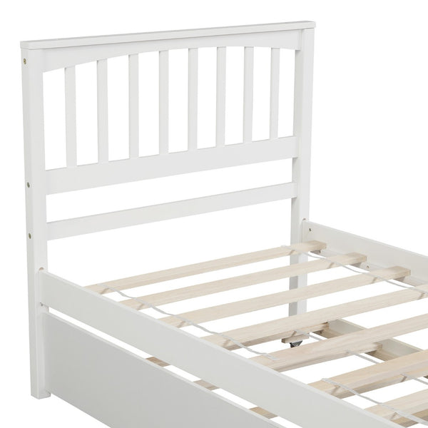 HomeRoots White Wood Twin Bed Frame with Roll-Out Trundle - Space-Saving Design for Kids, Guests, and More! 606844