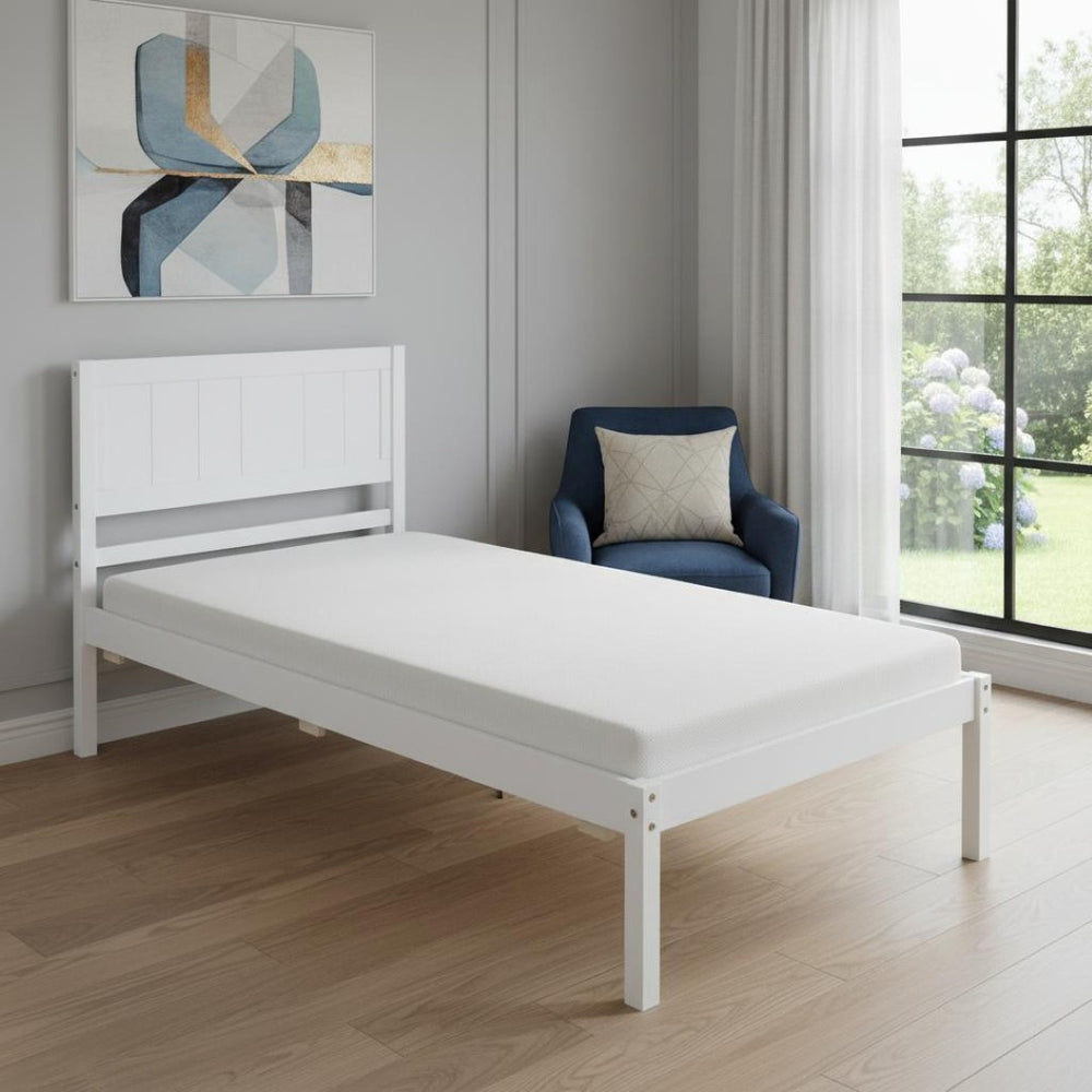 HomeRoots White Wood Twin Bed Frame - Modern Platform Design, Easy Assembly & Sturdy Slat Support for Comfort 606847
