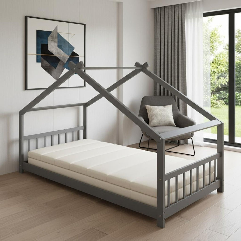 HomeRoots Gray Wood Twin Bed Frame - Modern, Durable Platform Design for Comfort with Sturdy Support Slats 606848