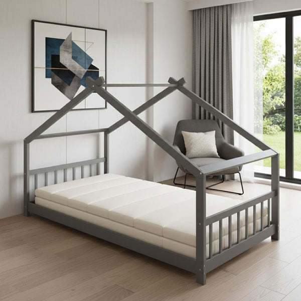 HomeRoots Gray Wood Twin Bed Frame - Modern, Durable Platform Design for Comfort with Sturdy Support Slats 606848