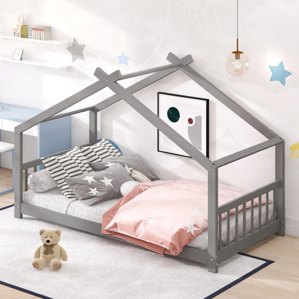 HomeRoots Gray Wood Twin Bed Frame - Modern, Durable Platform Design for Comfort with Sturdy Support Slats 606848
