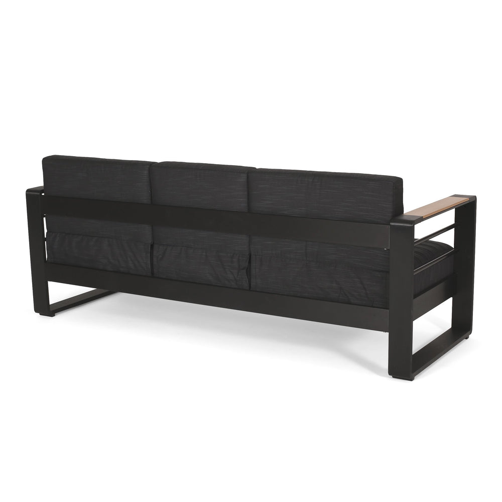 English Elm Christopher Knight Home® - GIOVANNA Aluminum 3-Seater Sofa in Black — Rust-Resistant Frame, Water-Resistant Cushions, Wood-Accent Slat Design 71820.00BLK