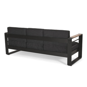English Elm Christopher Knight Home® - GIOVANNA Aluminum 3-Seater Sofa in Black — Rust-Resistant Frame, Water-Resistant Cushions, Wood-Accent Slat Design 71820.00BLK