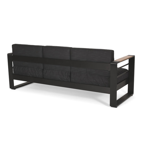 English Elm Christopher Knight Home® - GIOVANNA Aluminum 3-Seater Sofa in Black — Rust-Resistant Frame, Water-Resistant Cushions, Wood-Accent Slat Design 71820.00BLK