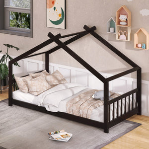 HomeRoots Espresso Wood Twin House Bed - Stylish, Modern Design for Cozy Sleep Spaces, Durable & Supportive Frame 606850