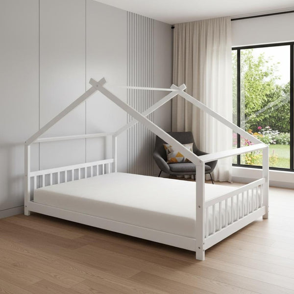 HomeRoots White Wood Full House Bed - Modern Platform Design with Sturdy Slat System for Ultimate Comfort & Style 606852