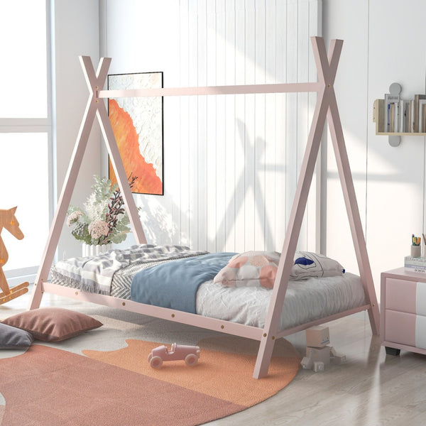 HomeRoots Pink Metal Twin Bed Frame – Stylish, Durable Design with Platform Support for Kids' & Guest Rooms 606869