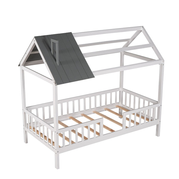 HomeRoots White Wood Twin House Bed – Charming, Durable Design for Cozy Kids’ Bedrooms – Easy Assembly & Style 606871