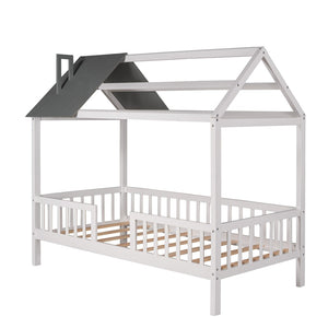HomeRoots White Wood Twin House Bed – Charming, Durable Design for Cozy Kids’ Bedrooms – Easy Assembly & Style 606871