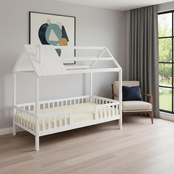 HomeRoots White Wood Twin Bed Frame - Sturdy Platform Design with 12 Support Slats for Lasting Comfort & Style 606873