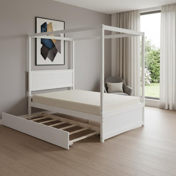 HomeRoots White Wood Full Bed Frame with Twin Trundle - Space-Saving Design for Kids or Guest Rooms, Durable! 606874