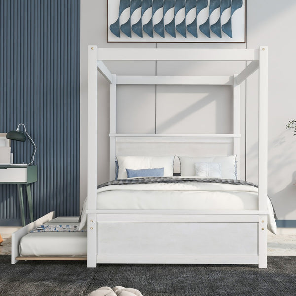 HomeRoots White Wood Full Bed Frame with Twin Trundle - Space-Saving Design for Kids or Guest Rooms, Durable! 606874