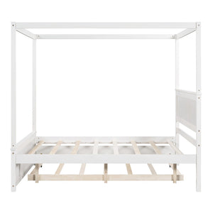 HomeRoots White Wood Full Bed Frame with Twin Trundle - Space-Saving Design for Kids or Guest Rooms, Durable! 606874