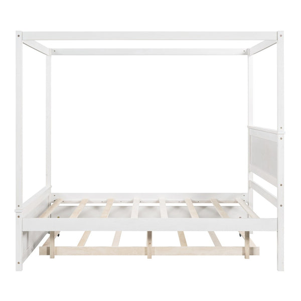 HomeRoots White Wood Full Bed Frame with Twin Trundle - Space-Saving Design for Kids or Guest Rooms, Durable! 606874