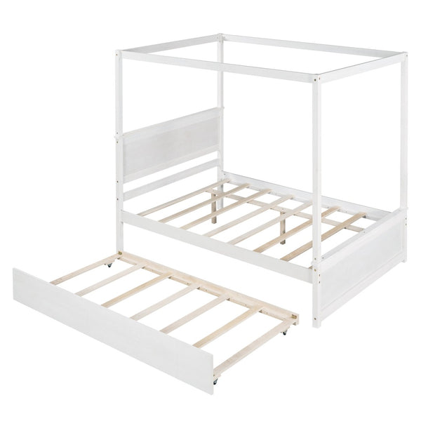 HomeRoots White Wood Full Bed Frame with Twin Trundle - Space-Saving Design for Kids or Guest Rooms, Durable! 606874