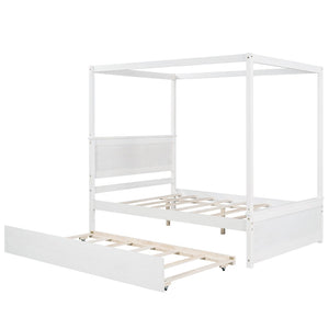 HomeRoots White Wood Full Bed Frame with Twin Trundle - Space-Saving Design for Kids or Guest Rooms, Durable! 606874